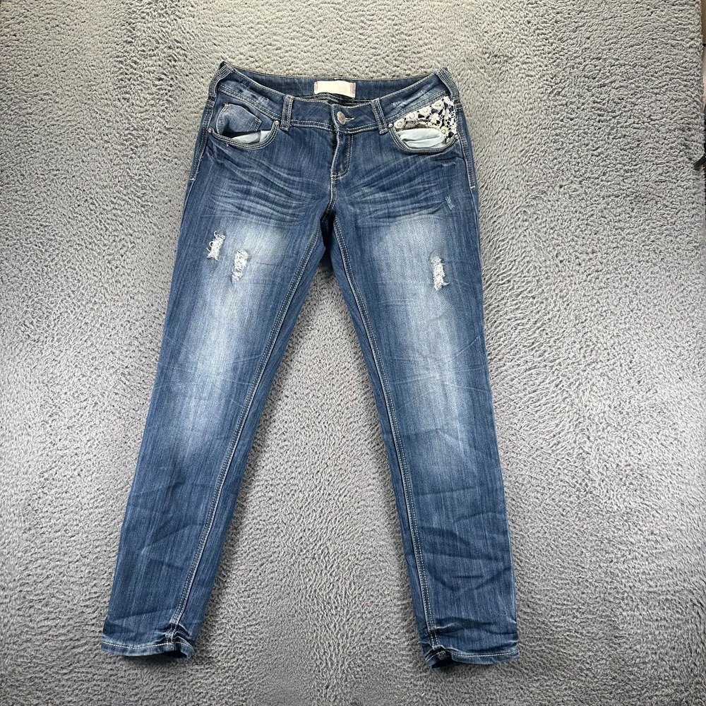 Almost Famous Jeans Womens 11 Blue Cotton Denim Skinny Distressed Faded Stretch